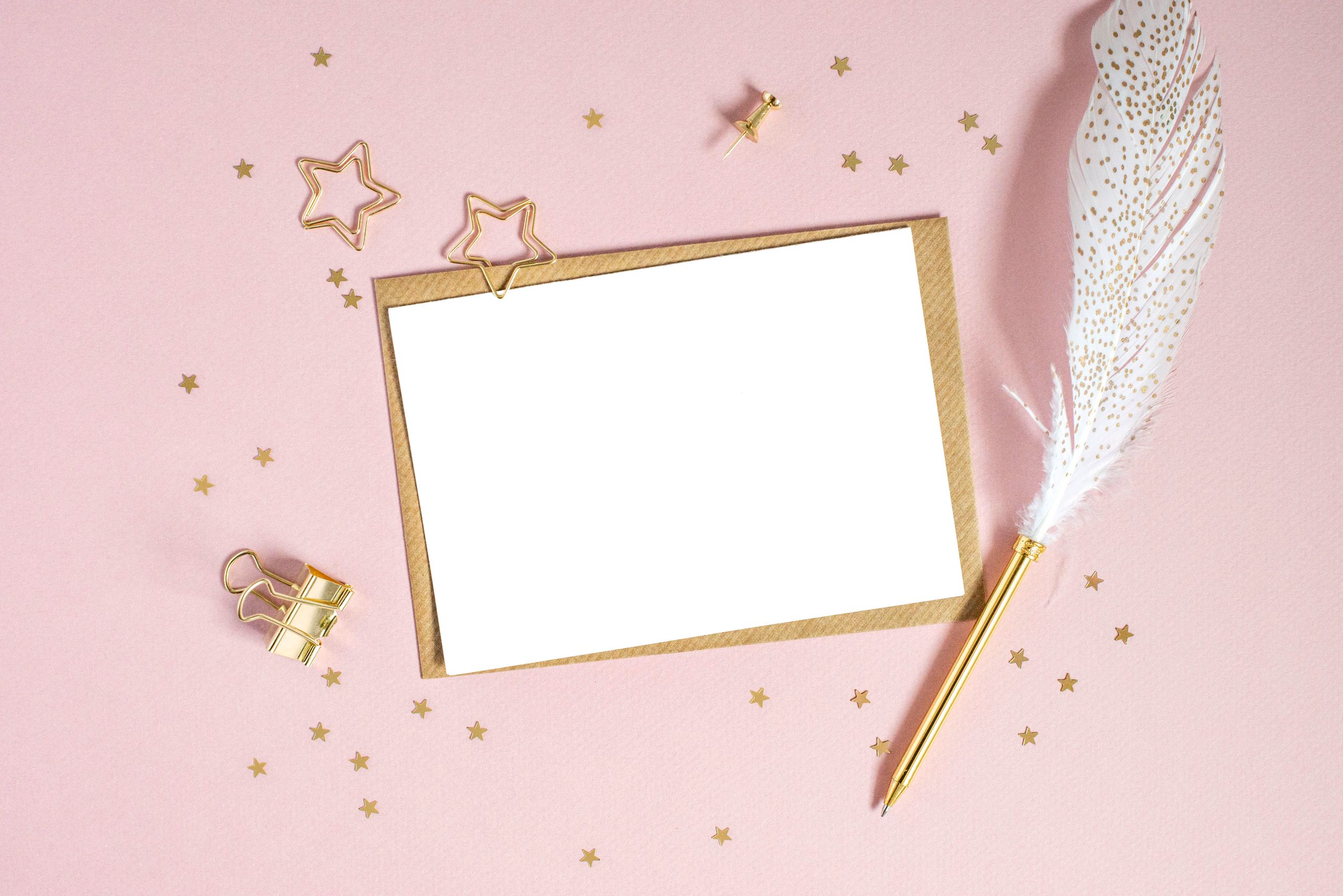 Envelope with botanical card and gold clips